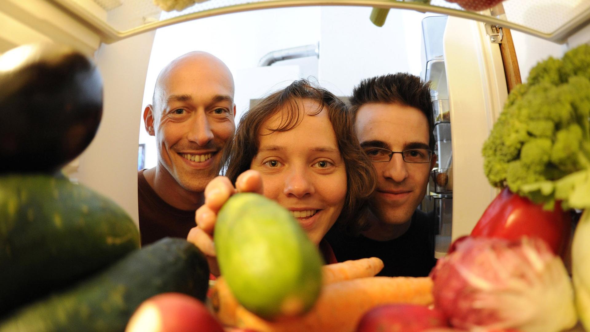 Die sich vegan ernährenden Robert Kresse (l), Silke Bott (M) und Robert Elzer (r) blicken in ihrer Wohngemeinschaft in Karlsruhe in den mit Gemüse gefüllten Kühlschrank (Foto vom 04.08.2010). Die sich vegan ernährenden Robert Kresse (l), Silke Bott (M) und Robert Elzer (r) blicken in ihrer Wohngemeinschaft in Karlsruhe in den mit Gemüse gefüllten Kühlschrank (Foto vom 04.08.2010).
