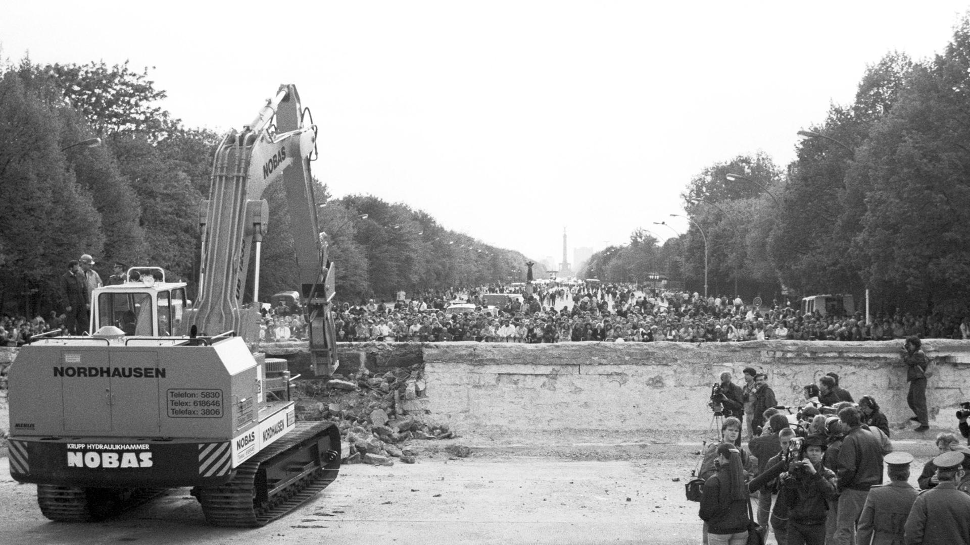 Beginn des Abrisses der Berliner Mauer am Brandenburger Tor, im Hintergrund die Siegessäule Beginn des Abrisses der Berliner Mauer am Brandenburger Tor, im Hintergrund die Siegessäule