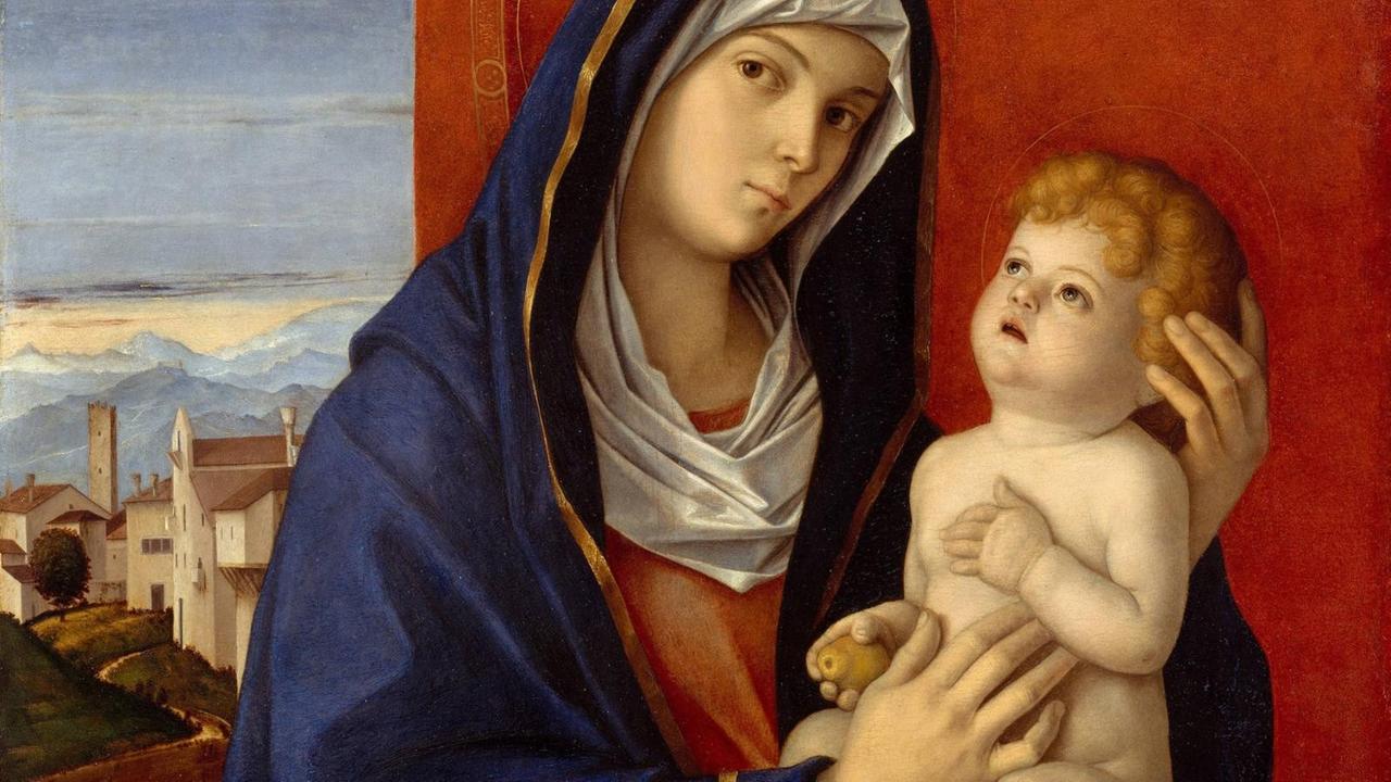 Madonna mit Kind von Giovanni Bellini um 1480. Das Jesuskind hält eine Birne in der rechten Hand