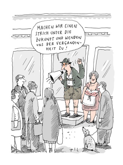 Ein Mann in bayerischer Tracht steht auf einer Erhöhung und ruft umstehenden Menschen durch ein Megafon zu: "Machen wir einen Strich unter die Zukunft und wenden wir uns der Vergangenheit zu!" Ein Mann in bayerischer Tracht steht auf einer Erhöhung und ruft umstehenden Menschen durch ein Megafon zu: "Machen wir einen Strich unter die Zukunft und wenden wir uns der Vergangenheit zu!"