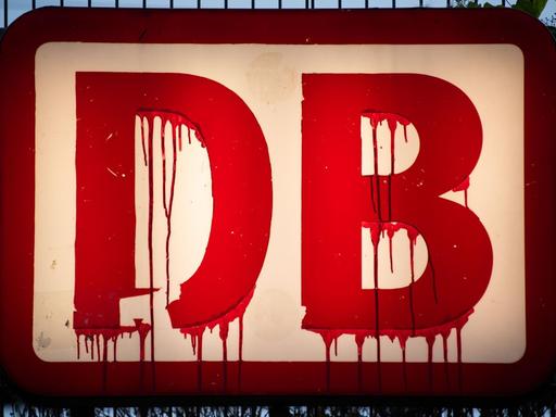Rote Farbe ist auf einem Logo der Deutschen Bahn am Hauptbahnhof runtergelaufen.