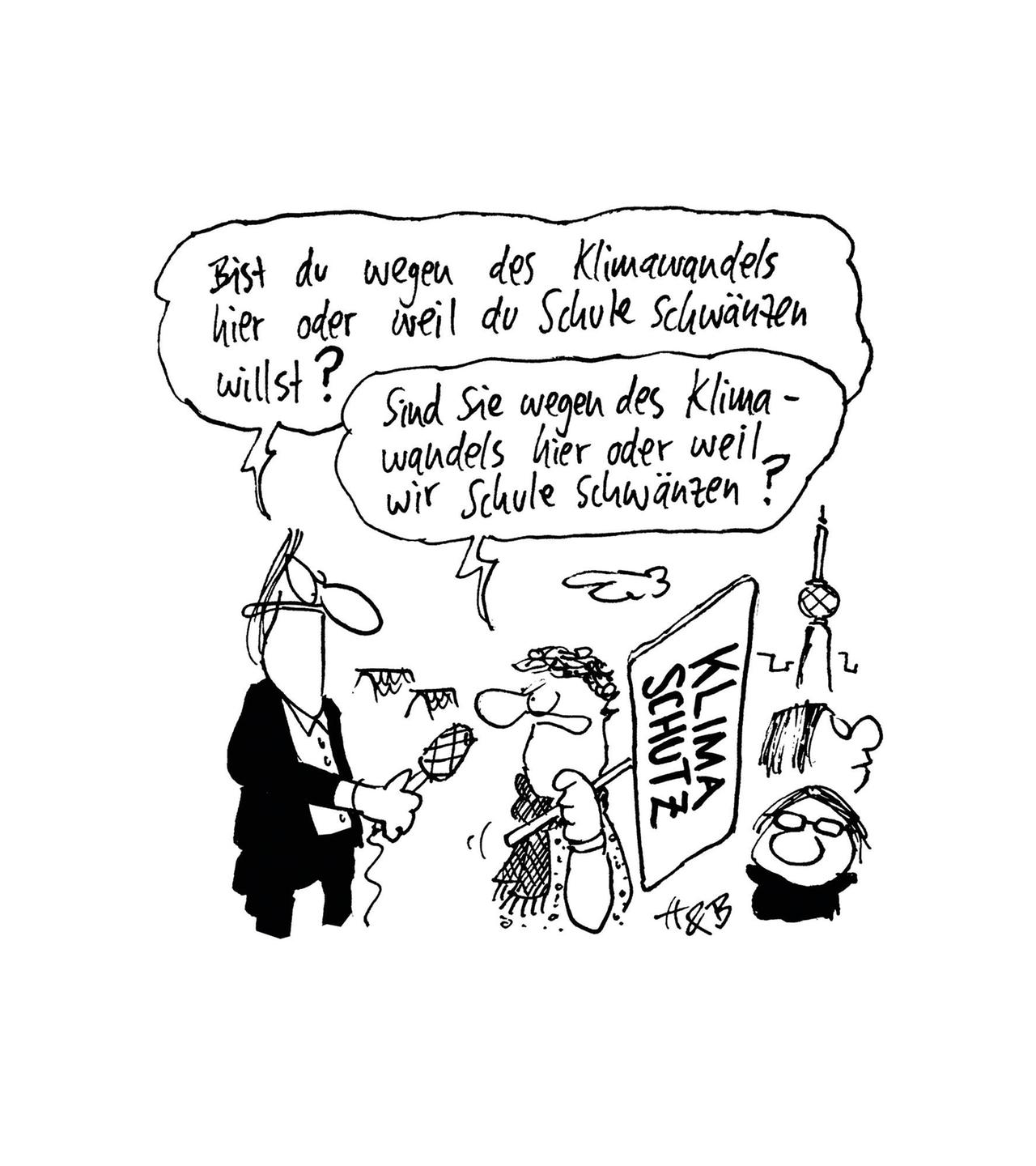Ein Reporter auf einer Fridays for Future-Demonstration fragt einen der Schüler: "Bist du wegen des Klimawandels hier oder weil du Schule schwänzen willst?" Der Schüler entgegnet: "Sind Sie wegen des Klimawandels hier oder weil wir Schule schwänzen?" Ein Reporter auf einer Fridays for Future-Demonstration fragt einen der Schüler: "Bist du wegen des Klimawandels hier oder weil du Schule schwänzen willst?" Der Schüler entgegnet: "Sind Sie wegen des Klimawandels hier oder weil wir Schule schwänzen?"