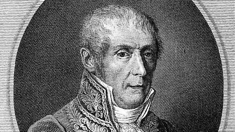 Die zeitgenössische Darstellung zeigt den italienischen Physiker Alessandro Graf Volta. Die zeitgenössische Darstellung zeigt den italienischen Physiker Alessandro Graf Volta.