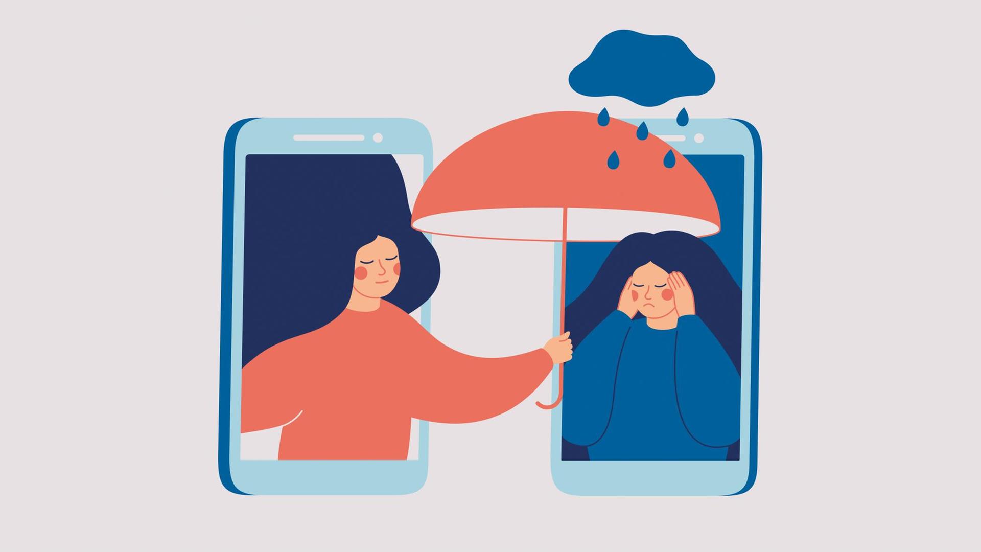 Illustration zweier Smartphones. In einem sitzt eine niedergeschlagene Frau über der es regent, aus dem anderen lehnt eine Frau mit Regenschirm die ihr Trost spendet. Illustration zweier Smartphones. In einem sitzt eine niedergeschlagene Frau über der es regent, aus dem anderen lehnt eine Frau mit Regenschirm die ihr Trost spendet.