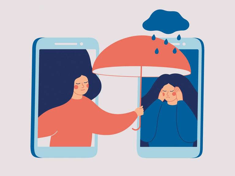 Illustration zweier Smartphones. In einem sitzt eine niedergeschlagene Frau über der es regent, aus dem anderen lehnt eine Frau mit Regenschirm die ihr Trost spendet.