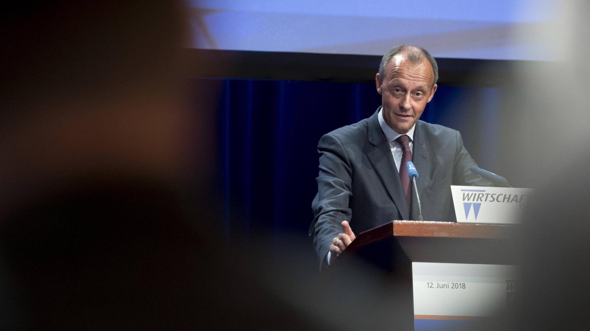 Friedrich Merz steht am 12.06.2018 während einer Rede beim Wirtschaftstag 2018 des CDU-Wirtschaftsrats am Rednerpult Friedrich Merz steht am 12.06.2018 während einer Rede beim Wirtschaftstag 2018 des CDU-Wirtschaftsrats am Rednerpult