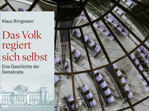Im Vordergrund das Cover von Klaus Bringmanns "Das Volk regiert sich selbst", im Hintergrund ein Blick durch die Glaskuppel in den Plenarsaal des Bundestages.
