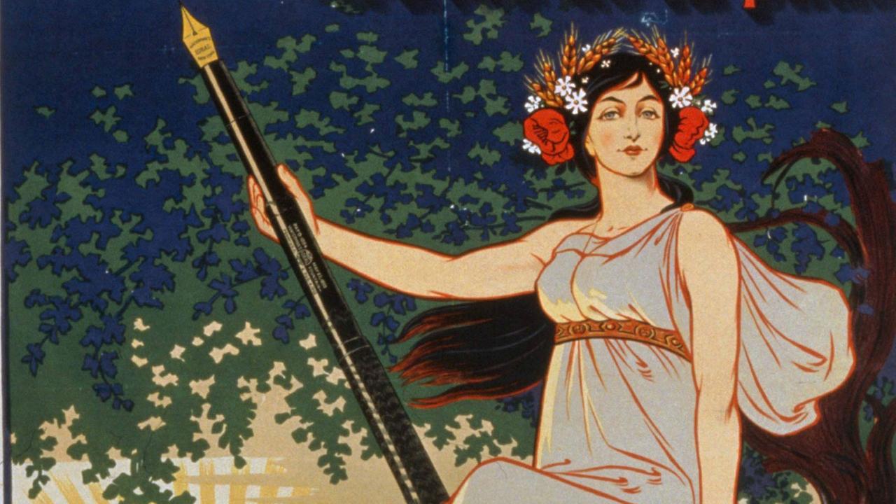 Der Stift als Waffe im Kampf um eine bessere Zukunft: Werbeplakat für den Füllfederhalter "Ideal" der Firma Waterman aus dem Jahr 1919 Der Stift als Waffe im Kampf um eine bessere Zukunft: Werbeplakat für den Füllfederhalter "Ideal" der Firma Waterman aus dem Jahr 1919