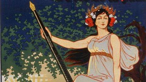 Der Stift als Waffe im Kampf um eine bessere Zukunft: Werbeplakat für den Füllfederhalter "Ideal" der Firma Waterman aus dem Jahr 1919