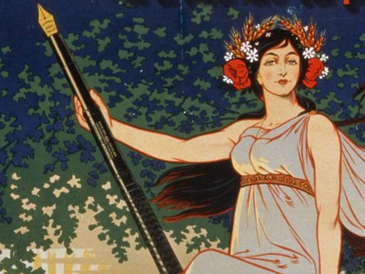 Der Stift als Waffe im Kampf um eine bessere Zukunft: Werbeplakat für den Füllfederhalter "Ideal" der Firma Waterman aus dem Jahr 1919