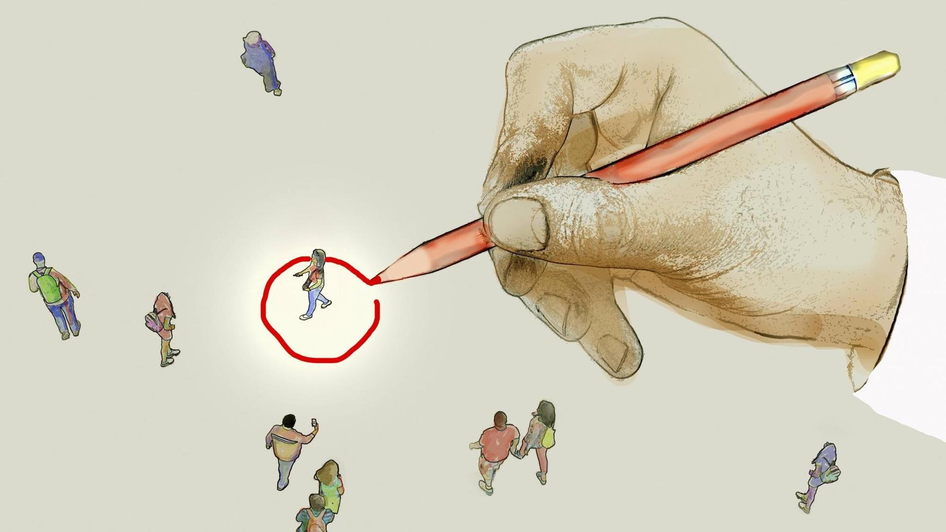 Illustration einer Hand, die einen roten Kreis um ein Gesellschaftsmitglied herum zeichnet. Illustration einer Hand, die einen roten Kreis um ein Gesellschaftsmitglied herum zeichnet.