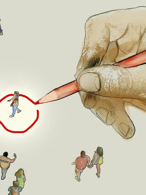 Illustration einer Hand, die einen roten Kreis um ein Gesellschaftsmitglied herum zeichnet.