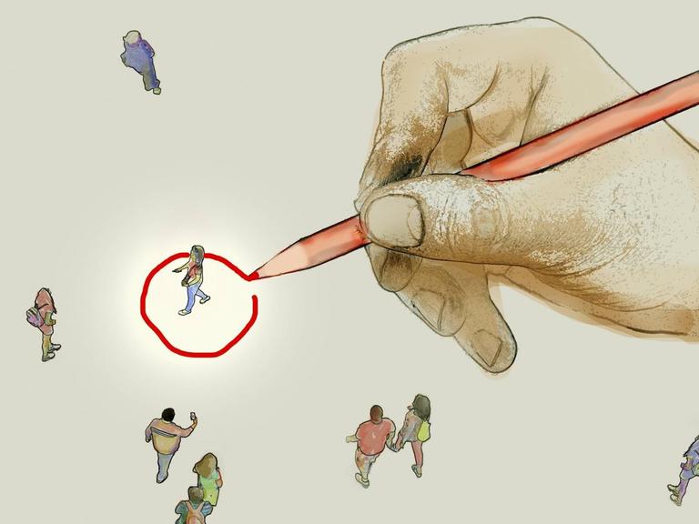 Illustration einer Hand, die einen roten Kreis um ein Gesellschaftsmitglied herum zeichnet.