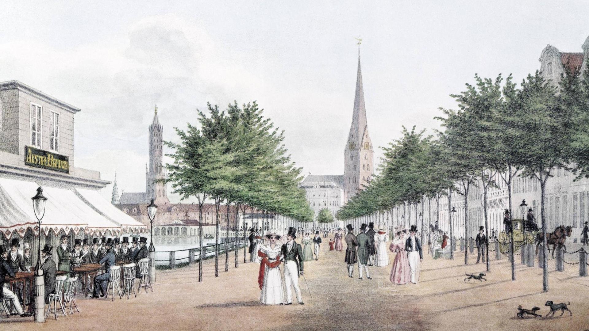 Ansicht vom Jungfernstieg in Hamburg um 1830. Ansicht vom Jungfernstieg in Hamburg um 1830.