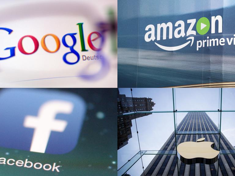 Logos der Konzerne Apple, Google, Facebook und Amazon