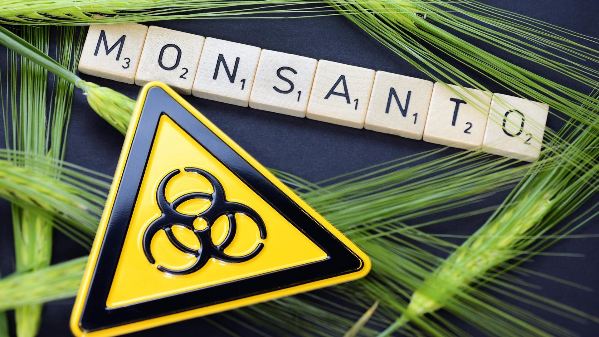 Schriftzug "Monsanto" mit Scrabble-Steinen mit einem Biohazard-Zeichen und Getreideähren Schriftzug "Monsanto" mit Scrabble-Steinen mit einem Biohazard-Zeichen und Getreideähren