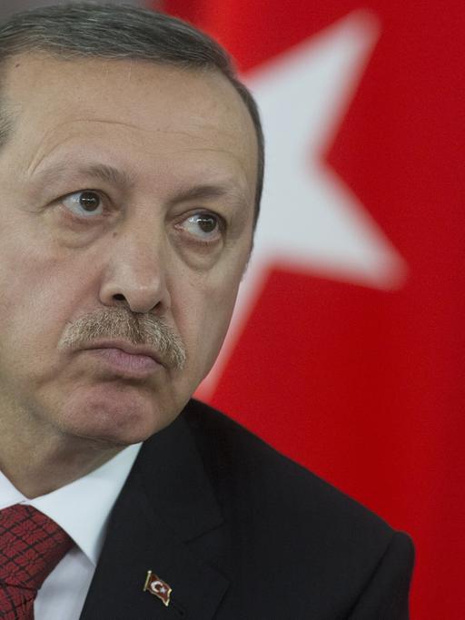 Der türkische Ministerpräsident Recep Tayyip Erdogan vor einer Türkeifahne.