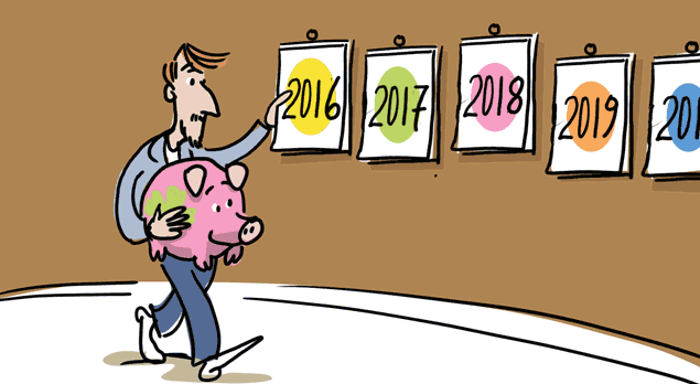Ein Mann reist eine Jahreszahl nach der anderen ab, ein Sparschwein in der Hand Ein Mann reist eine Jahreszahl nach der anderen ab, ein Sparschwein in der Hand
