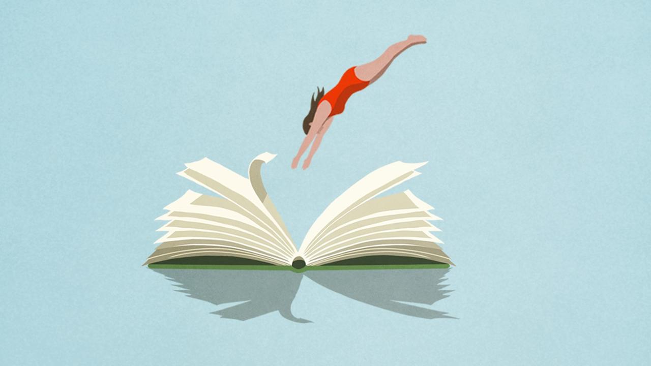 Illustration einer Frau, die kopfüber in ein offenes Buch springt Illustration einer Frau, die kopfüber in ein offenes Buch springt