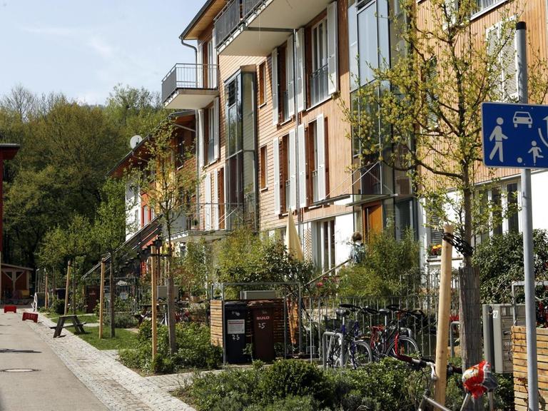 Ein Radfahrer fährt in einer Spielstraße des neuen Freiburger Stadtteils Vauban (Foto vom 24.04.2006).