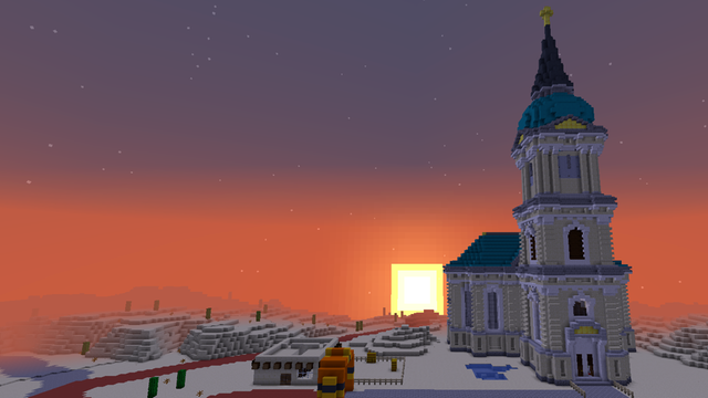 Ein Screenshot vom Minecraft-Ostergottesdienst zeigt eine pixelige Kirche vor der untergehenden Sonne