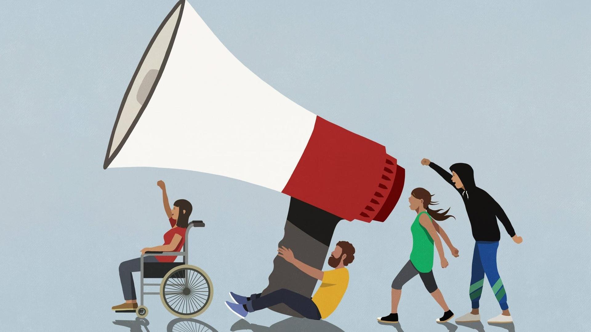 Protesters with large megaphone PUBLICATIONxINxGERxSUIxAUTxONLY Copyright: MaltexMueller fStopImages1939031 bei imago geladen 23.08.2021 Protesters with large megaphone PUBLICATIONxINxGERxSUIxAUTxONLY Copyright: MaltexMueller fStopImages1939031 bei imago geladen 23.08.2021