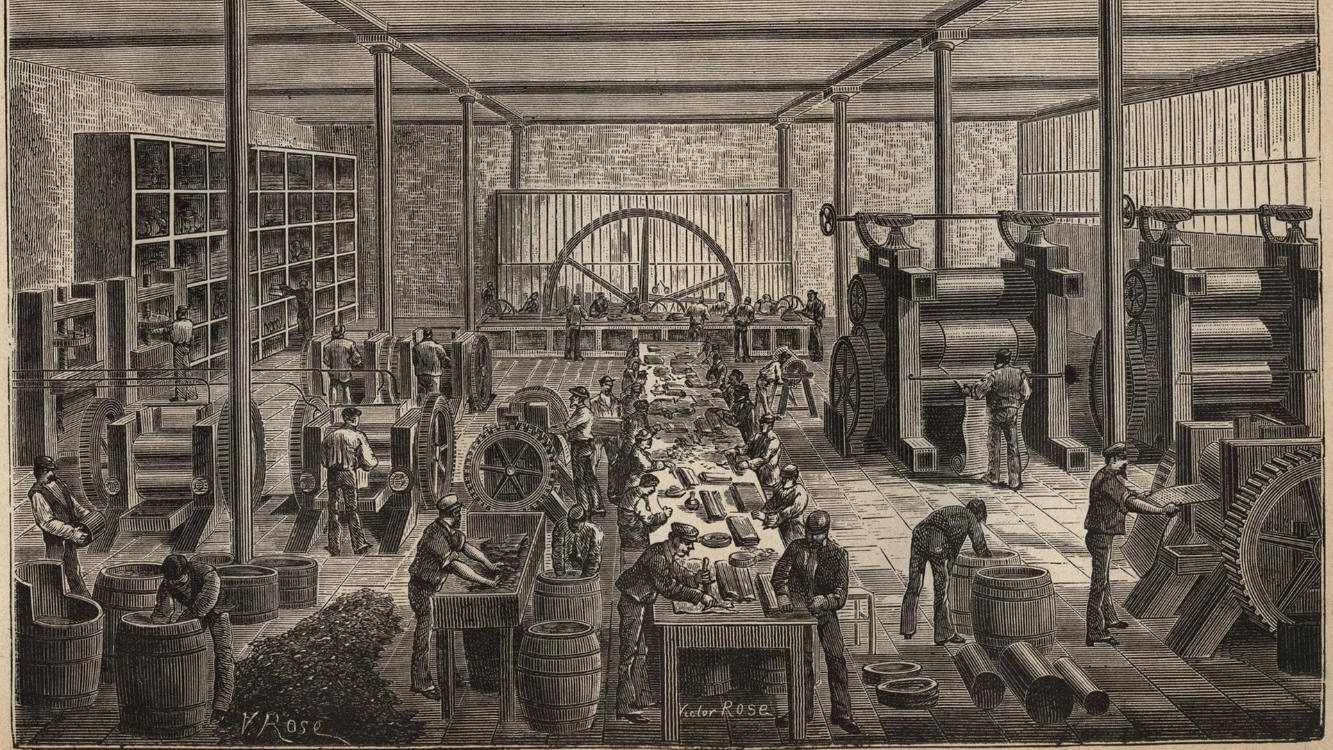 Gummi-Manufaktur in Frankreich um 1885 Gummi-Manufaktur in Frankreich um 1885
