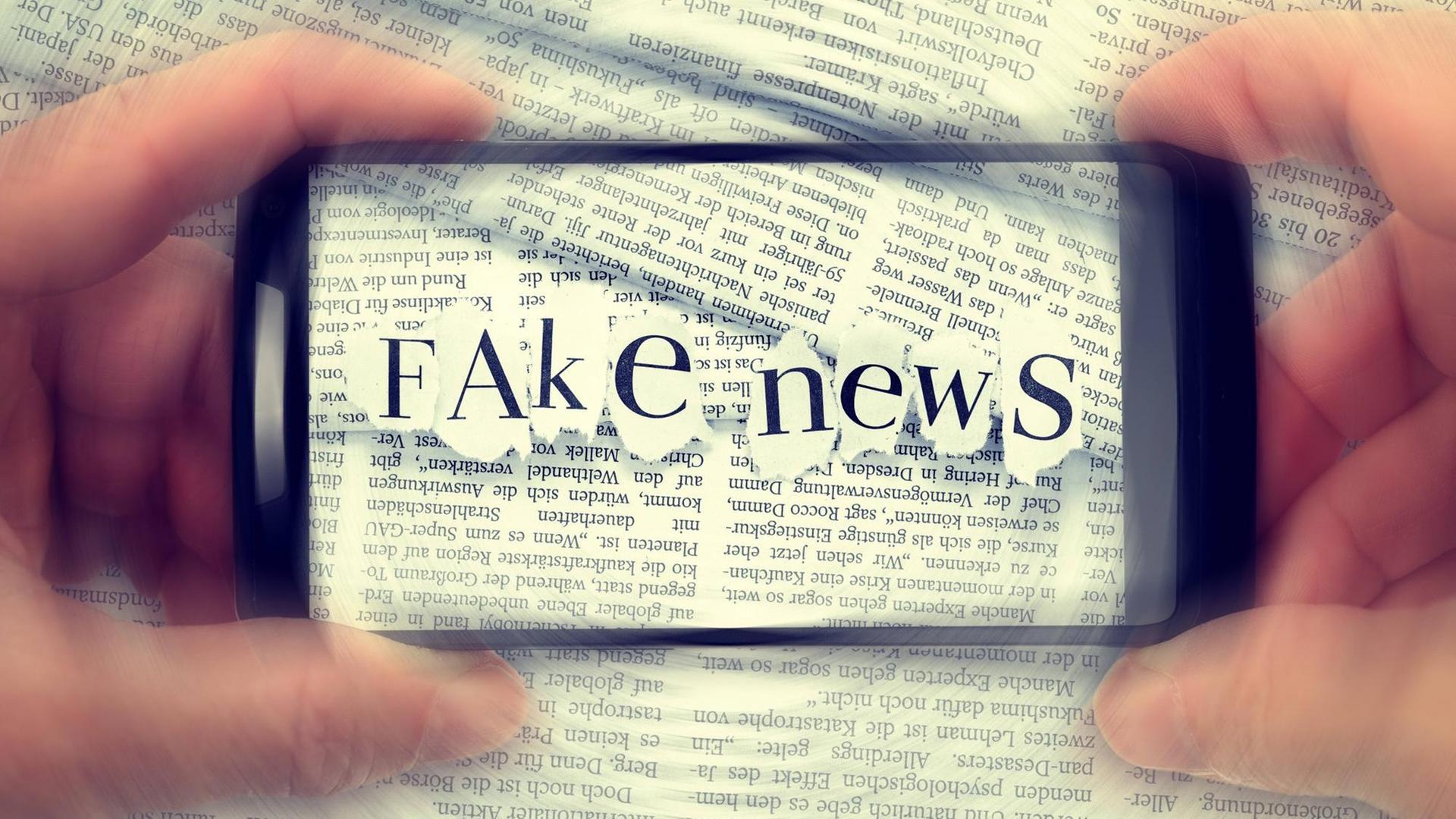 Fake News-Schriftzug auf einem Smartphone Fake News-Schriftzug auf einem Smartphone