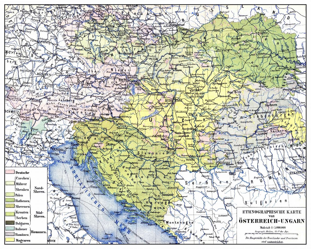 Eine Karte kennzeichnet mit verschiedenen Farben die unterschiedlich geprägten Regionen der Donaumonarchie.