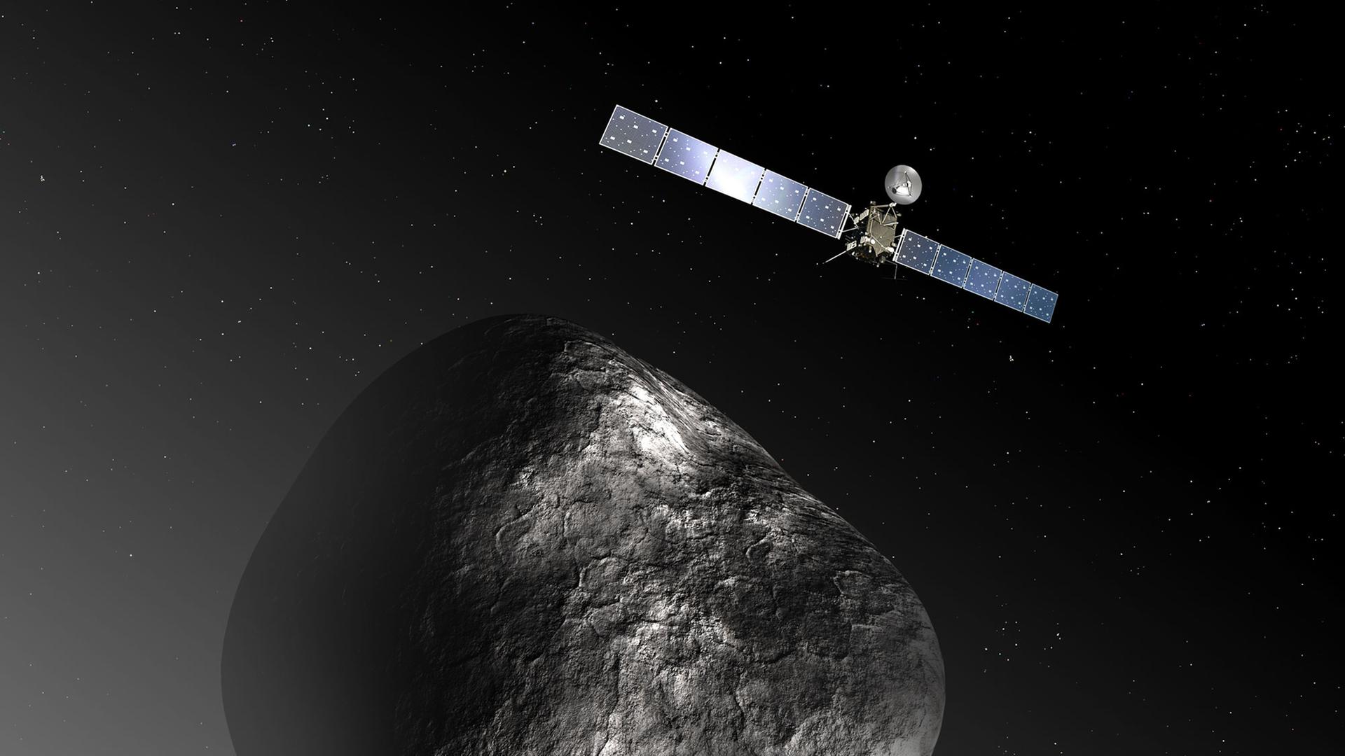 Eine Animation der European Space Agency (ESA) zeigt die Raumsonde "Rosetta" in der Nähe des Kometen 67P/Churyumov–Gerasimenko. Eine Animation der European Space Agency (ESA) zeigt die Raumsonde "Rosetta" in der Nähe des Kometen 67P/Churyumov–Gerasimenko.