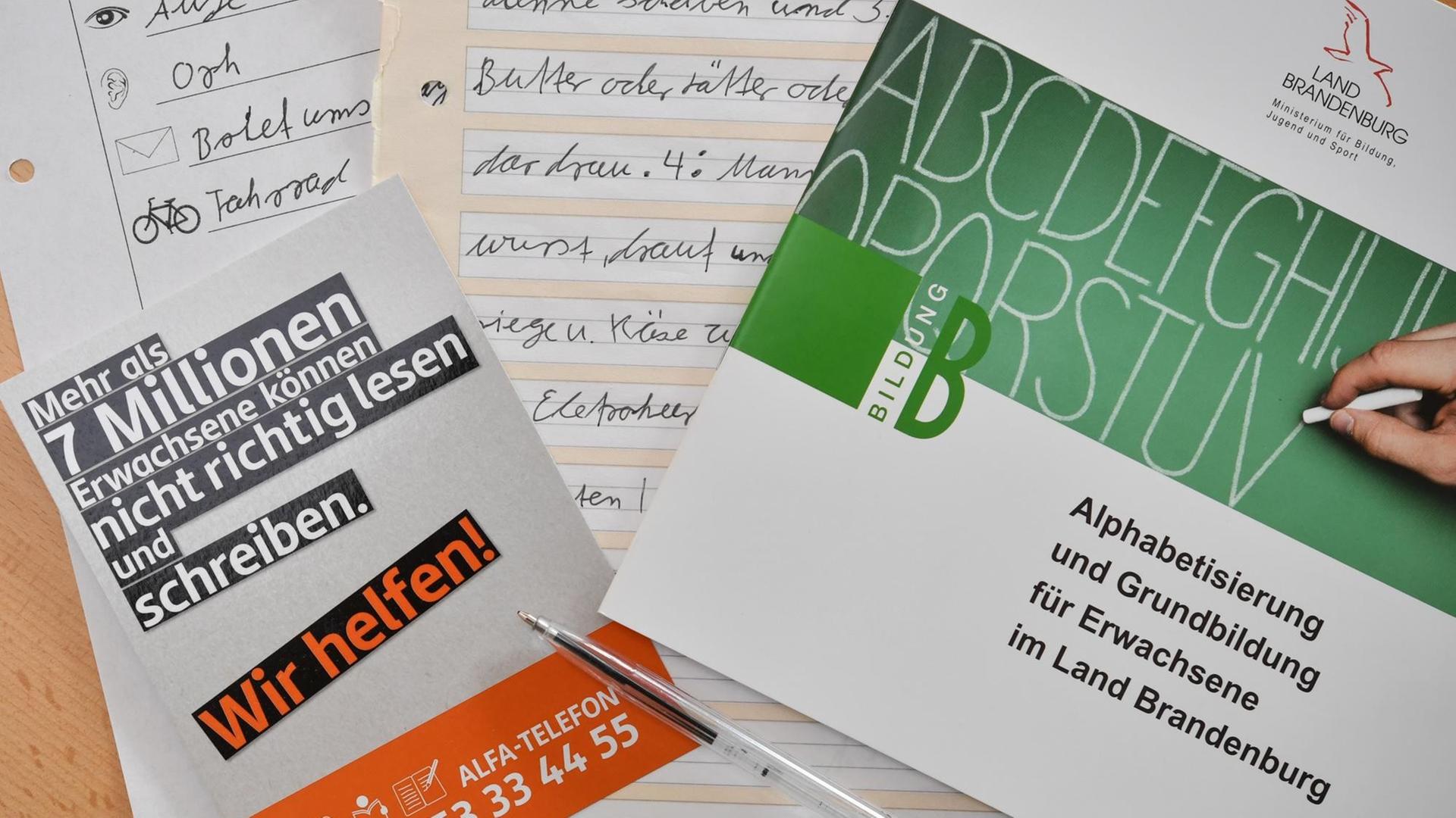 Die beiden Broschüren liegen auf einem Schreibtisch auf den zwei Übungsseiten. Auf einer der Broschüren liegt ein Kugelschreiber. Die beiden Broschüren liegen auf einem Schreibtisch auf den zwei Übungsseiten. Auf einer der Broschüren liegt ein Kugelschreiber.