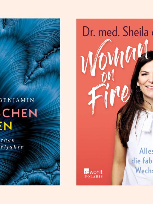 Marina Benjamins Buch zieren blau-abstrakte Fraktalgrafiken, während Sheila de Liz auf ihrem Buch in lebensfroher Pose vor hellrotem Hintergrund zu sehen ist.