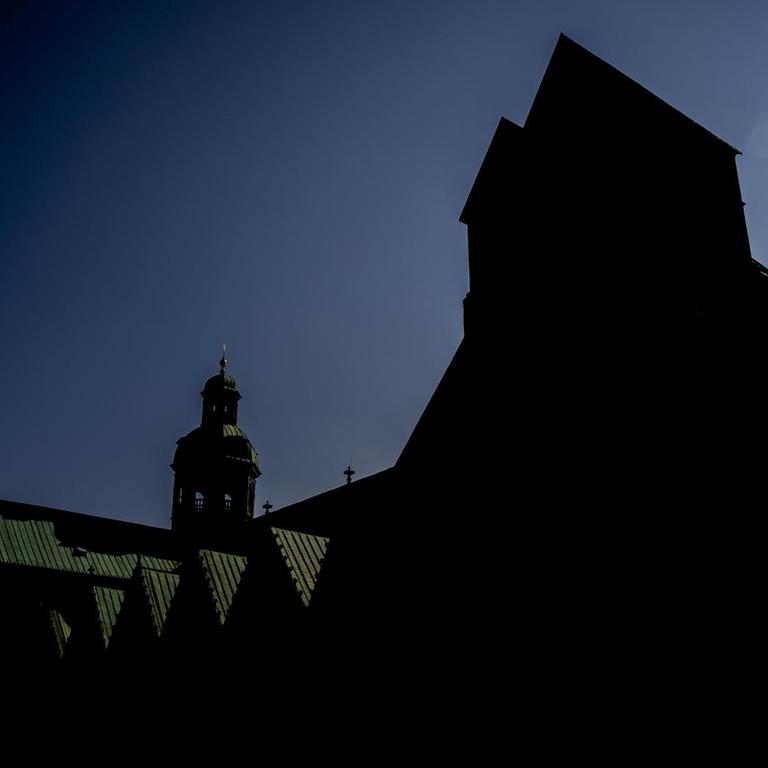 Die Silhouette vom Dom Mariä Himmelfahrt zu Hildesheim ist bei Sonnenschein vor einem wolkenlosem Himmel zu sehen