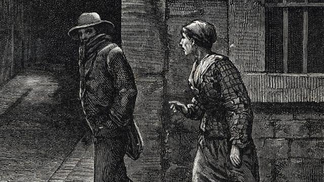 Eine Druckgraphik aus dem 19. Jahrhundert zeigt eine Prostitutierte, die auf einer nächtlichen Straße einen Herren anspricht.