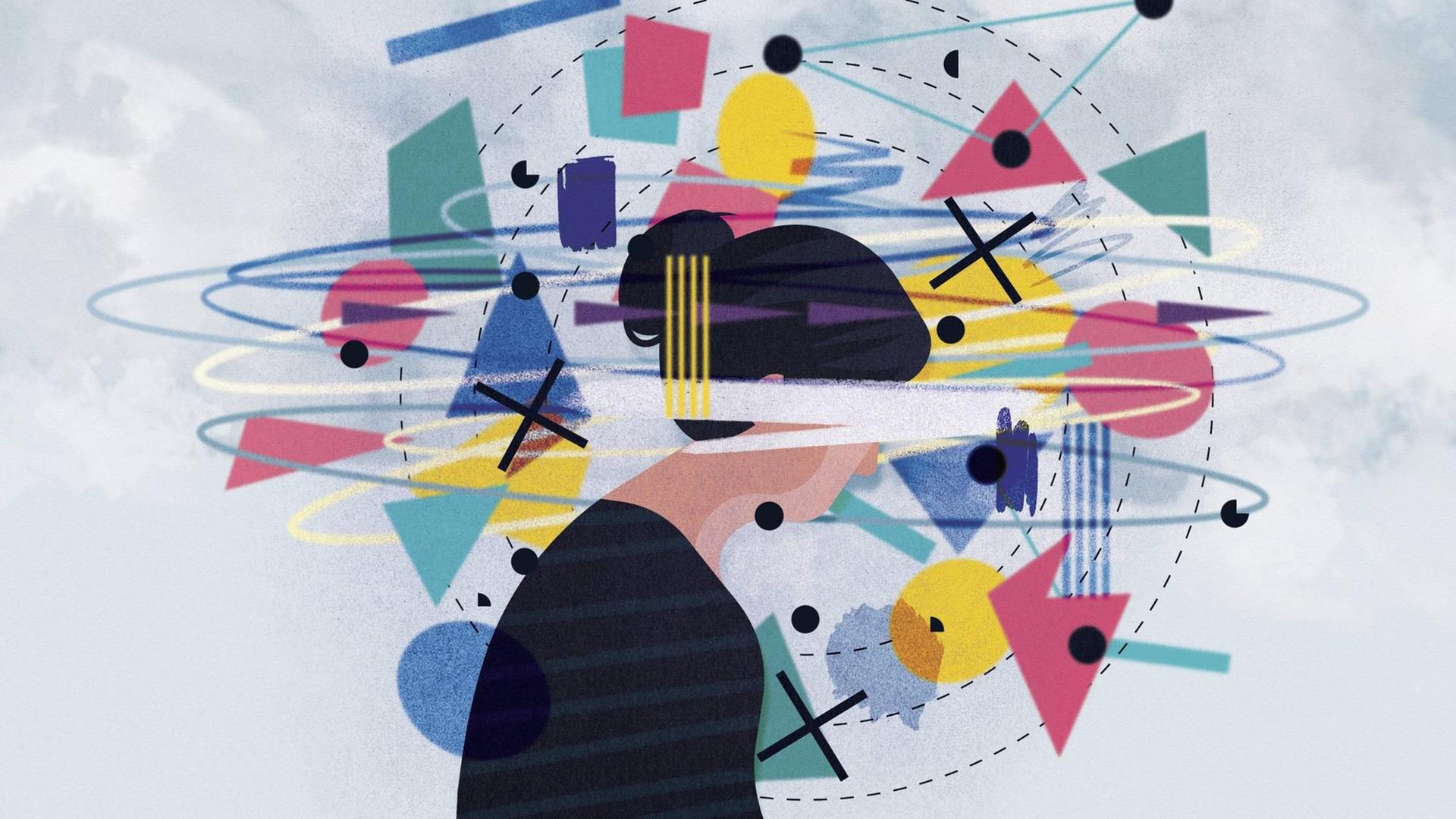 Grafik: Geometrische Formen wirbeln um depressive Frau herum Grafik: Geometrische Formen wirbeln um depressive Frau herum