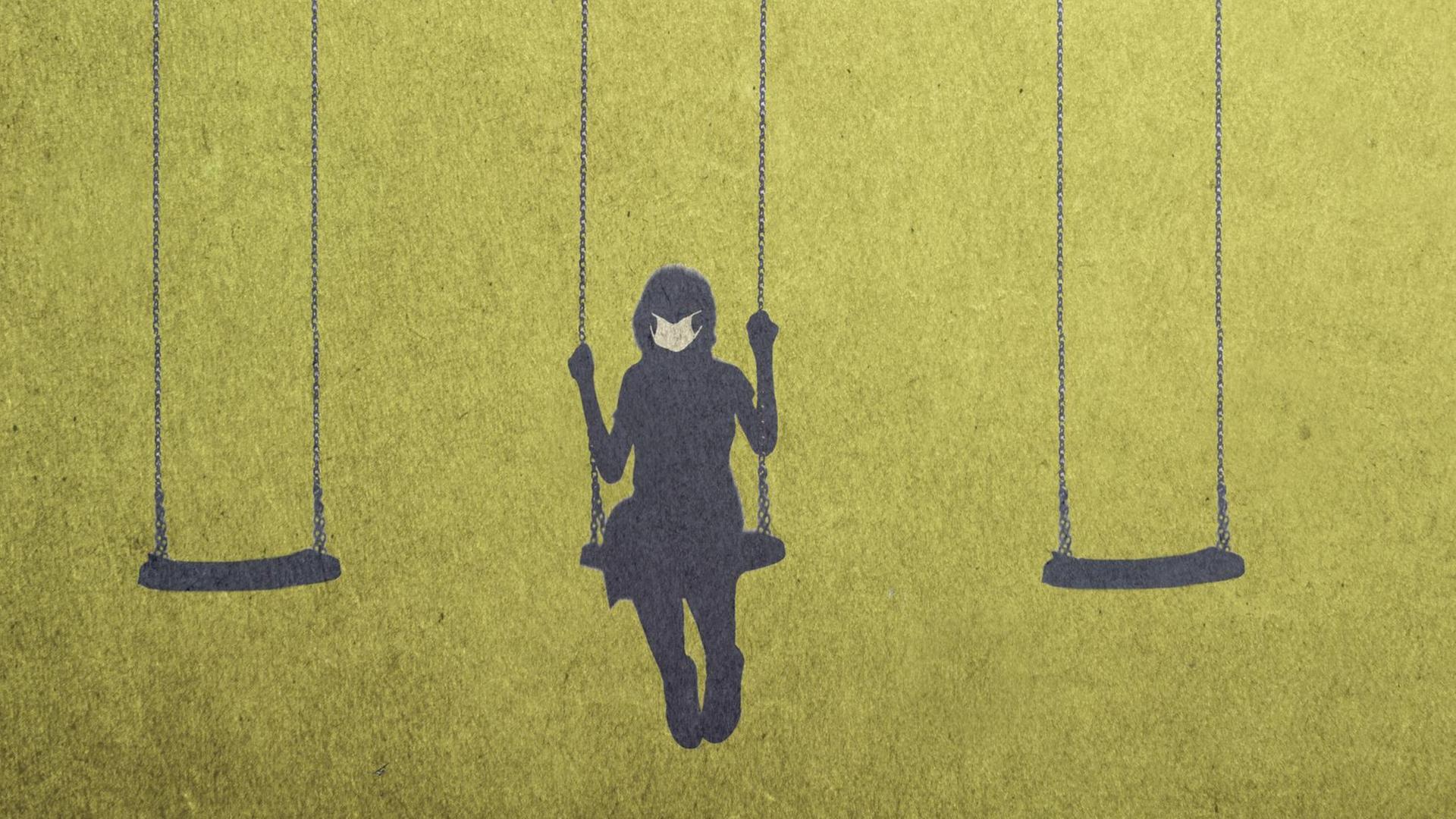 Ein Mädchen sitzt auf einer Schaukel und trägt einen Mundnasenschutz. Die beiden Schaukeln neben ihr sind leer. (Illustration) Ein Mädchen sitzt auf einer Schaukel und trägt einen Mundnasenschutz. Die beiden Schaukeln neben ihr sind leer. (Illustration)