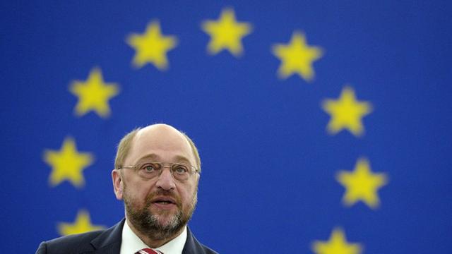 Der wieder gewählte EU-Parlamentspräsident Martin Schulz hält am 1.7.2014 nach seiner Wahl im Parlament in Straßburg eine Rede.