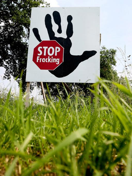 Ein Plakat mit der Aufschrift «Stop Fracking» steht am 03.06.2014 in Brünen (Nordrhein-Westfalen) am Niederrhein in einem Feld.