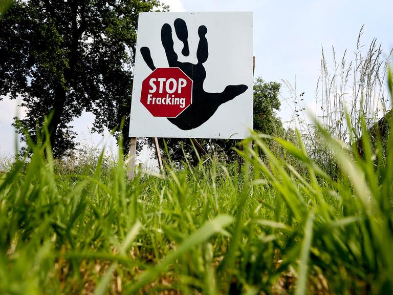 Ein Plakat mit der Aufschrift «Stop Fracking» steht am 03.06.2014 in Brünen (Nordrhein-Westfalen) am Niederrhein in einem Feld.