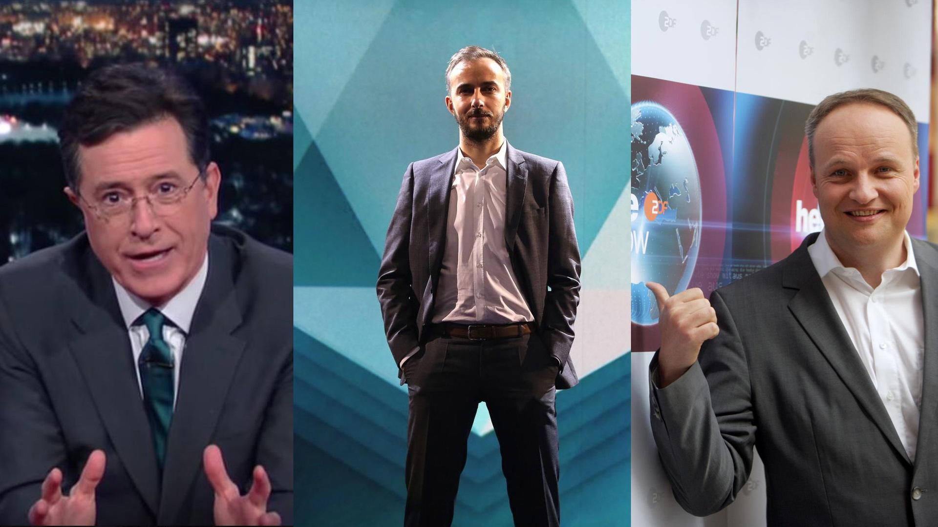 "Late Show"-Moderator Stephen Colbert, "Neo Magazin Royale"-Moderator Jan Böhmermann und "Heute Show"-Moderator Oliver Welke (Collage) "Late Show"-Moderator Stephen Colbert, "Neo Magazin Royale"-Moderator Jan Böhmermann und "Heute Show"-Moderator Oliver Welke (Collage)