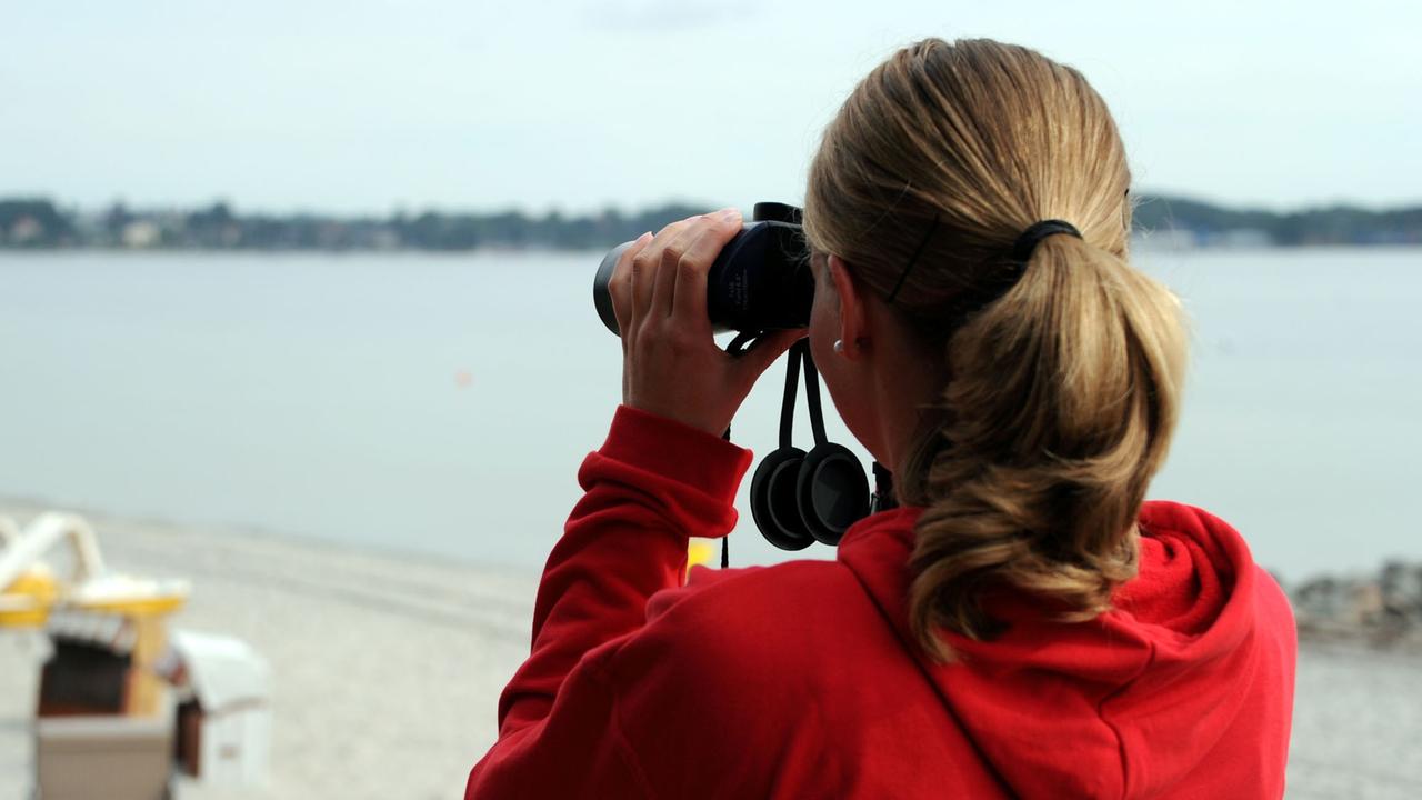 Ein freiwilliges Mitglied der Deutschen Lebensrettungsgesellschaft (DLRG) blickt am 19.08.2013 mit einem Fernglas von der Station auf den Strand von Eckernförde (Schleswig-Holstein).