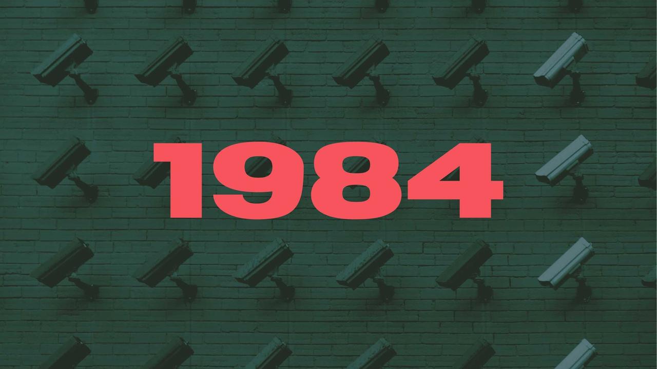 Mehrere Überwachungskameras mit grünem Hintergrund und der roten Zahl 1984 im Vordergrund.