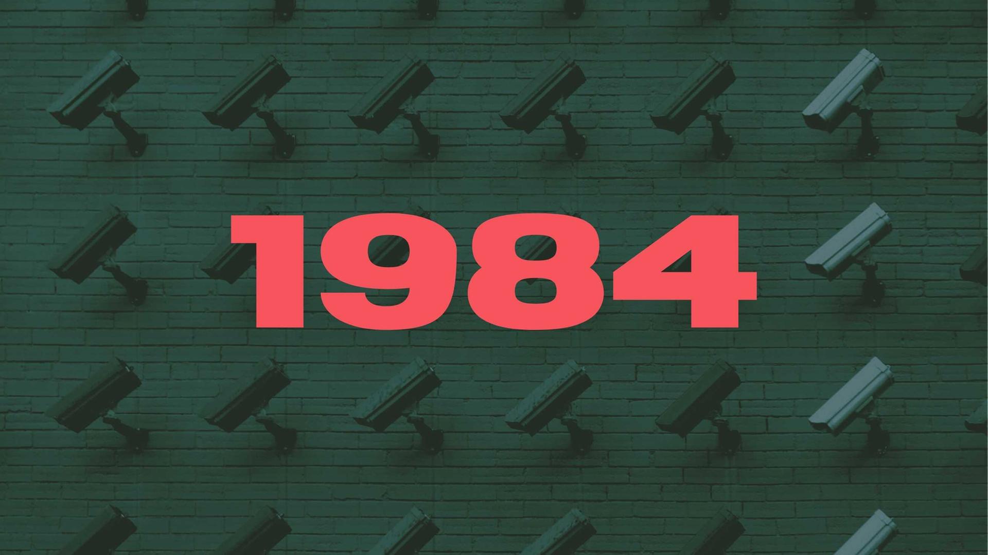 Mehrere Überwachungskameras mit grünem Hintergrund und der roten Zahl 1984 im Vordergrund. Mehrere Überwachungskameras mit grünem Hintergrund und der roten Zahl 1984 im Vordergrund.