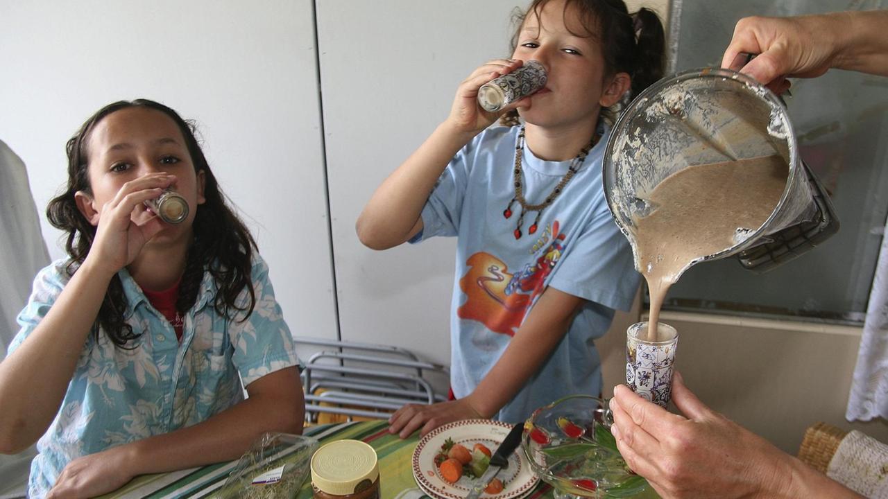 Zwei Kinder trinken Gemüseshakes (26.5.2010).