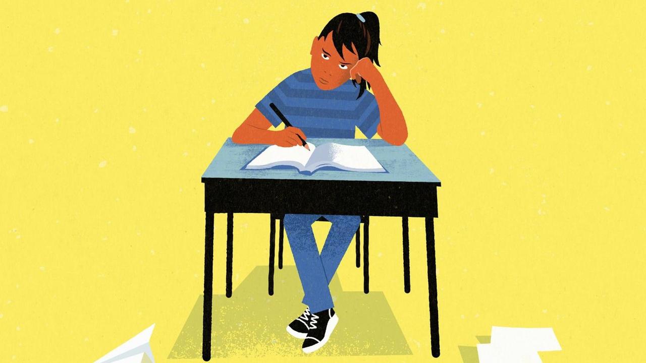 Illustration einer schreibenden Frau an einem Tisch. Illustration einer schreibenden Frau an einem Tisch.