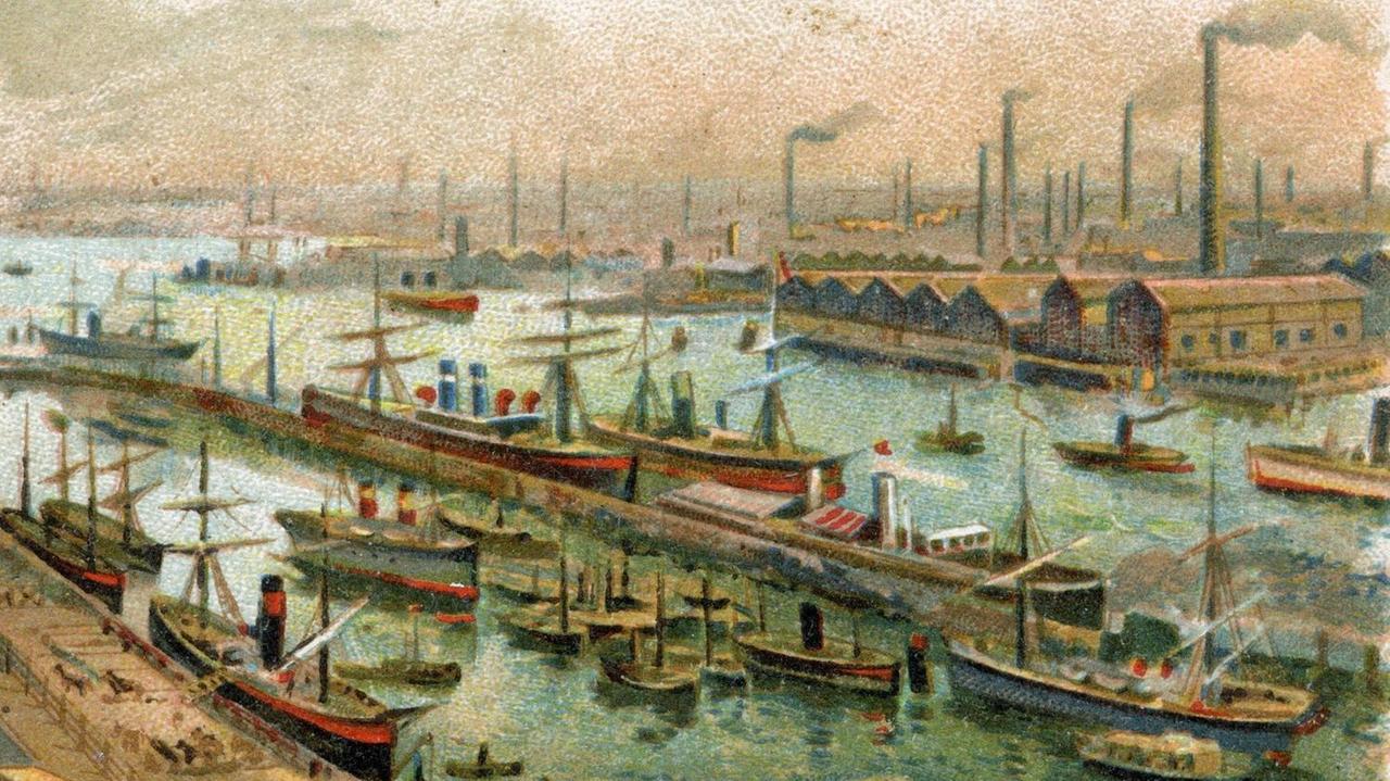 Ein Hafenbecken ist voller Schiffer, mit Segeln und Schornsteinen. Die Schlote der ufernahen Industrieanlagen qualmen schwarze Wolken in die Luft. Ein Hafenbecken ist voller Schiffer, mit Segeln und Schornsteinen. Die Schlote der ufernahen Industrieanlagen qualmen schwarze Wolken in die Luft.
