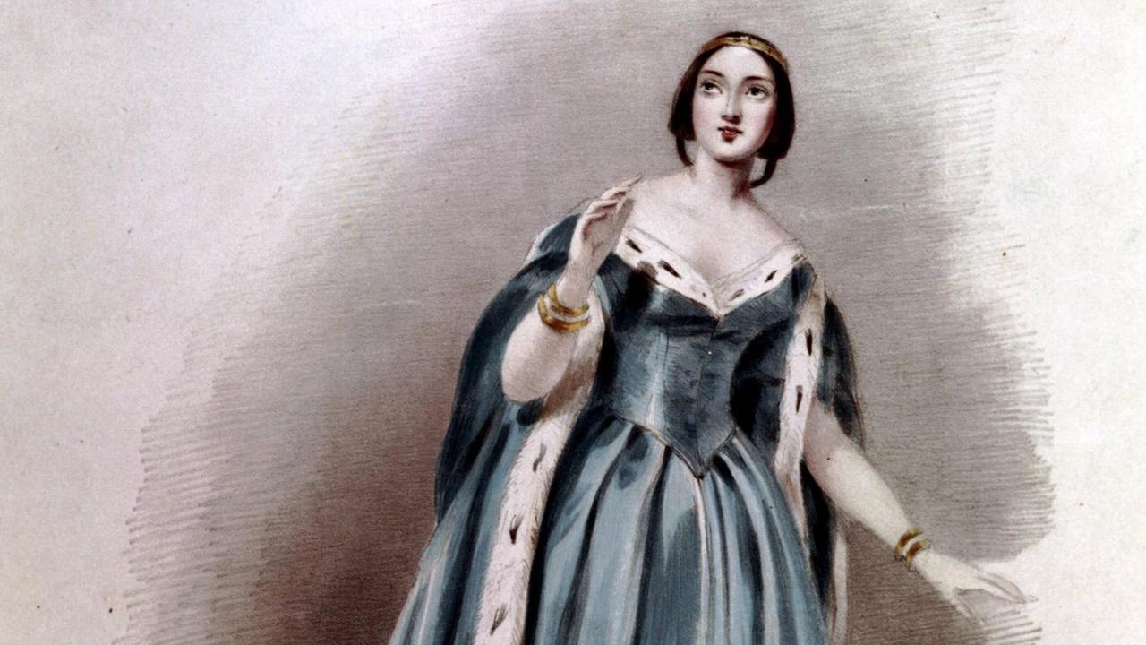 Ein gemaltes Bild zeigt eine junge Frau mit dramatischer Geste und in einem historischen Kostüm. Sie blickt leicht nach oben.