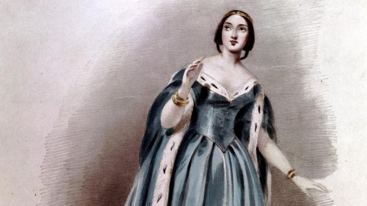 Ein gemaltes Bild zeigt eine junge Frau mit dramatischer Geste und in einem historischen Kostüm. Sie blickt leicht nach oben. Ein gemaltes Bild zeigt eine junge Frau mit dramatischer Geste und in einem historischen Kostüm. Sie blickt leicht nach oben.
