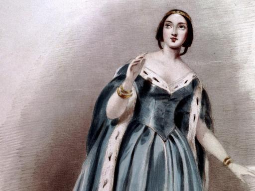 Ein gemaltes Bild zeigt eine junge Frau mit dramatischer Geste und in einem historischen Kostüm. Sie blickt leicht nach oben.