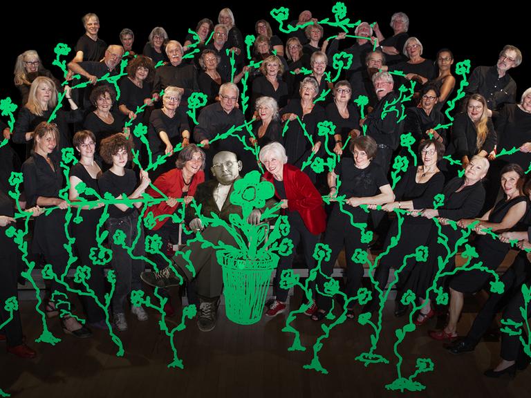 Ein Gruppenbild des Chores. Grafisch wurden alle Sänger mit einer grünen Pflanze verbunden.